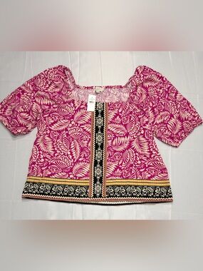 LOFT Blouse Womens Large Magenta Floral Border Print Square Neck Puff Sleeve NWT